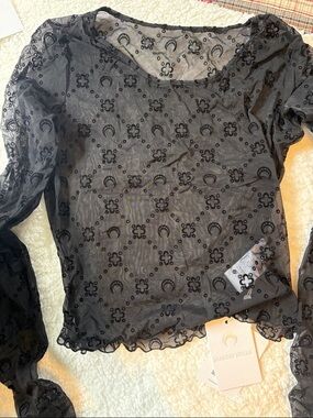 Marine Serre Black Sheer Moon & Floral Embroidered Long Sleeve Top